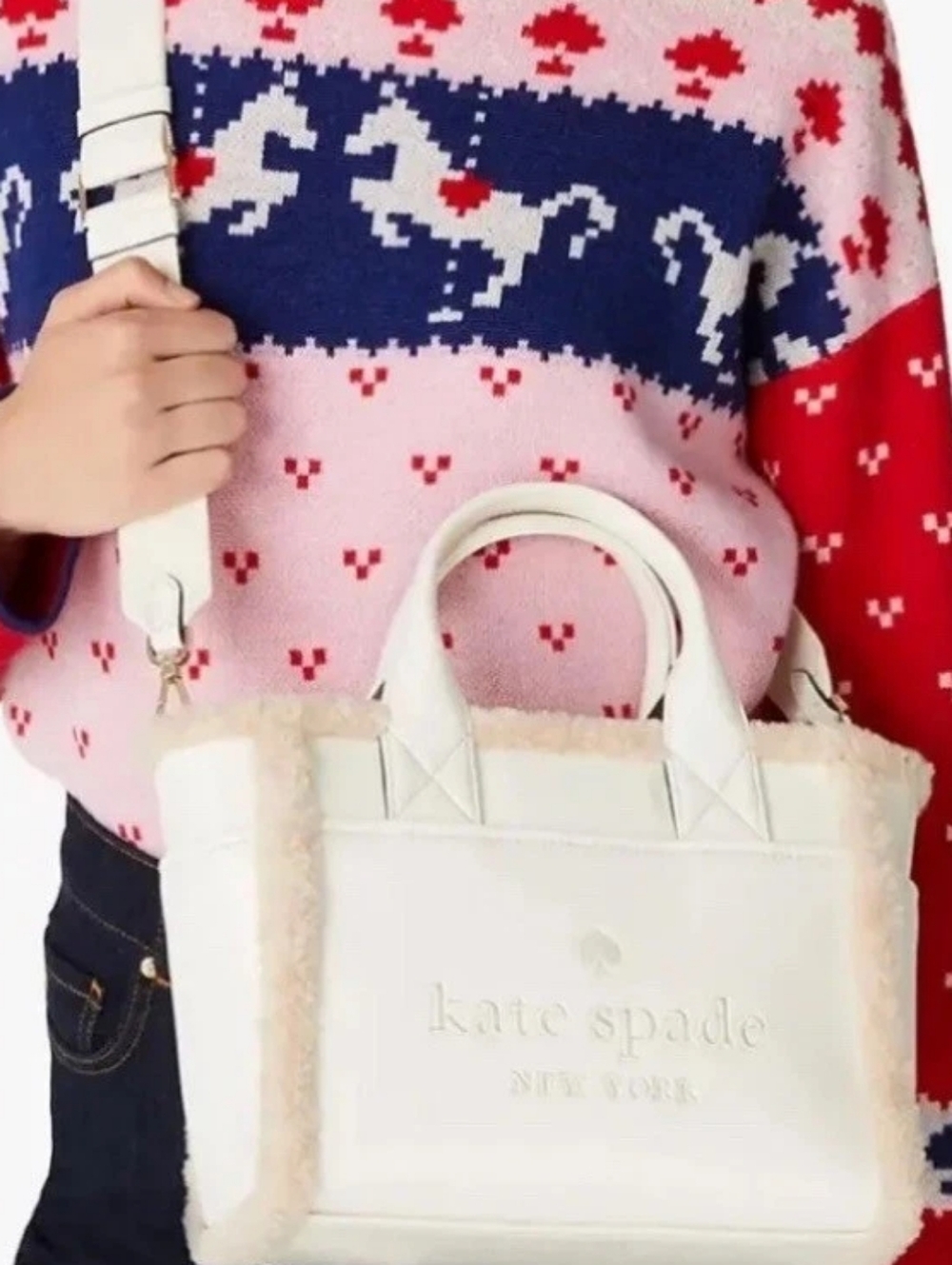 Kate Spade New York Cream Shearling Trim Top-Handle Tote - Picture 4 of 4